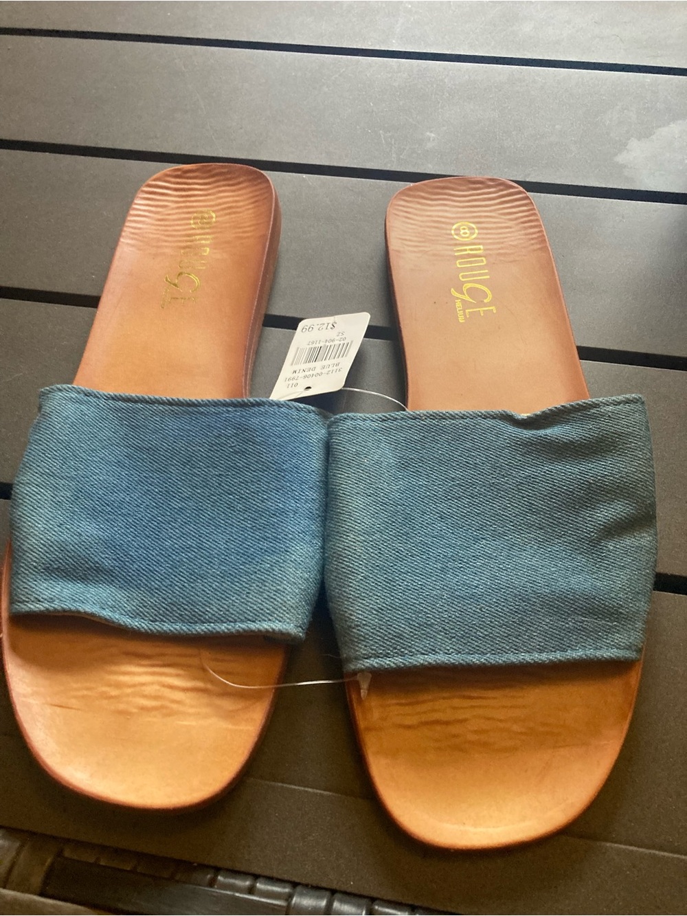 Women’s Denim Slide Sandals with Leather-Look Footbed